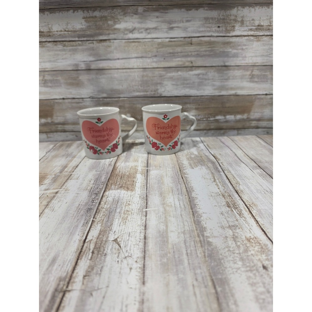 Vintage Friendship Warms The Heart Ceramic Coffee‎ Mugs Set of 2 Heart Handles
